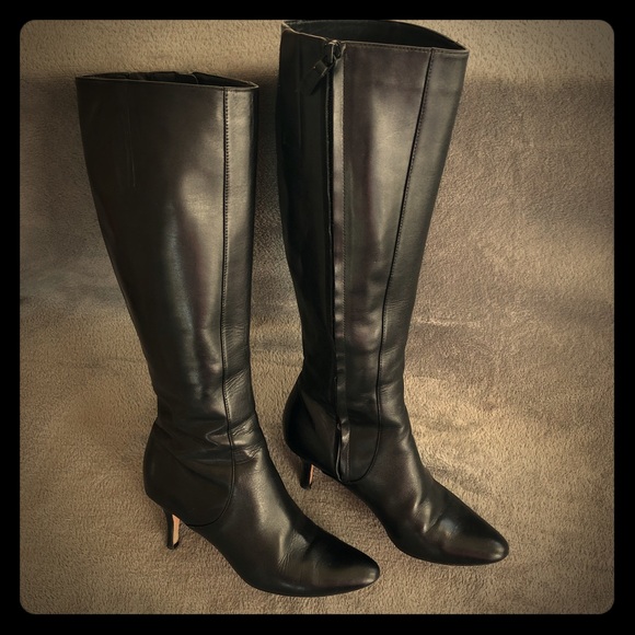 kitten heel tall leather boots